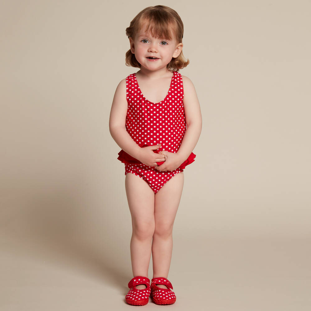 Playshoes UV bathing suit for girls - Double ruches - Dots - Red