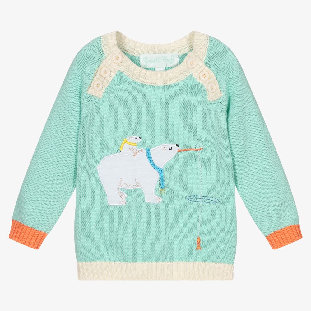 Powell Craft - Baby Blue Cotton Bear Sweater | Childrensalon
