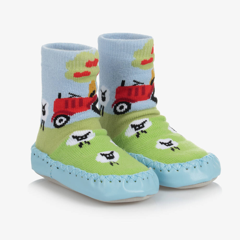 Powell Craft - Chaussons-chaussettes tracteur bleus | Childrensalon
