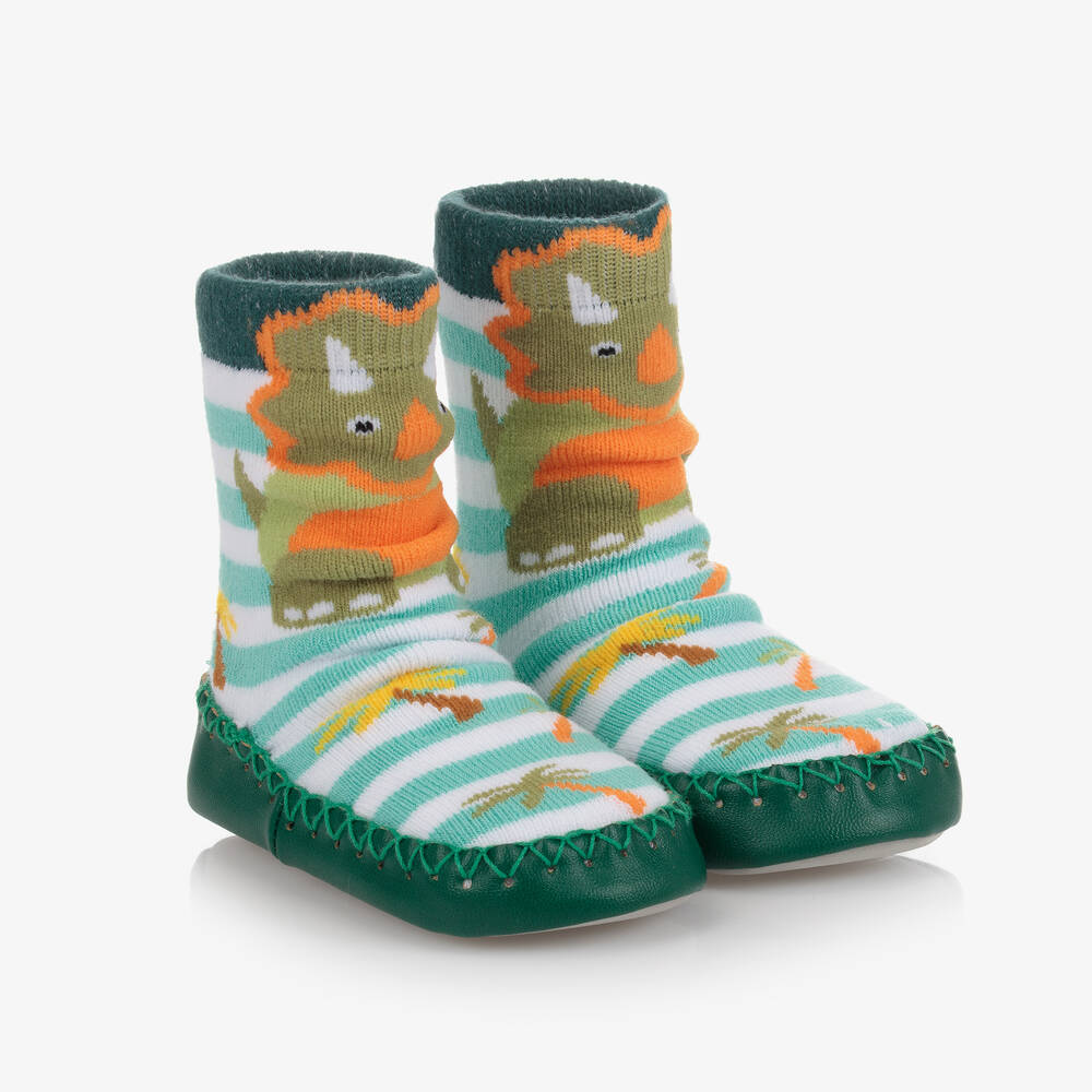 Powell Craft - Boys Green Dinosaur Slipper Socks | Childrensalon