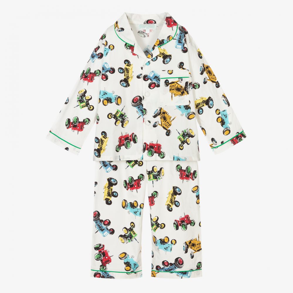 Powell Craft - Белая хлопковая пижама с тракторами для мальчиков | Childrensalon