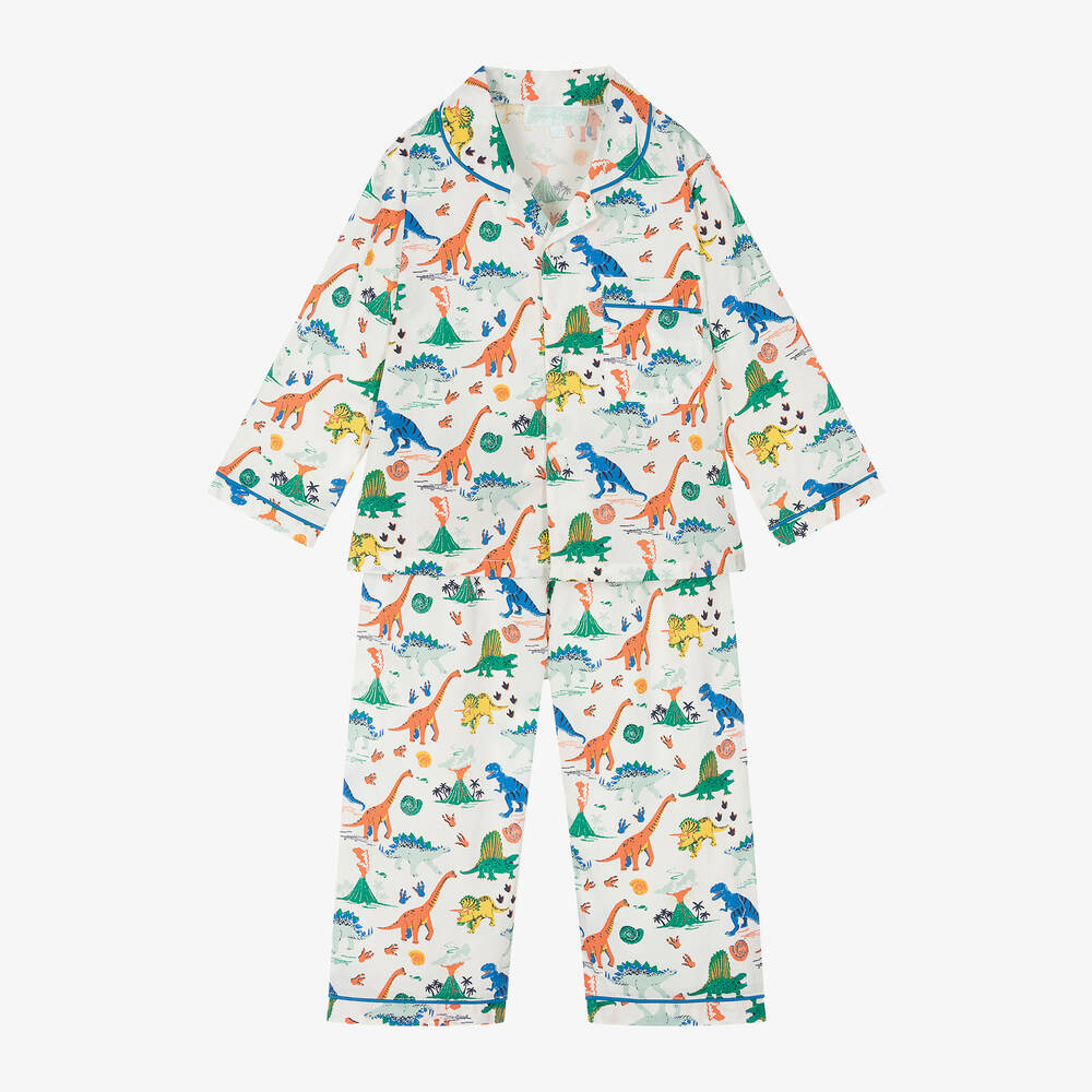 Powell Craft - Boys White Dinosaur Print Cotton Pyjamas | Childrensalon