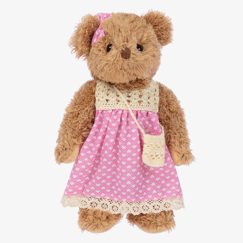 Powell Craft - Nounours marron robe rose 34 cm | Childrensalon