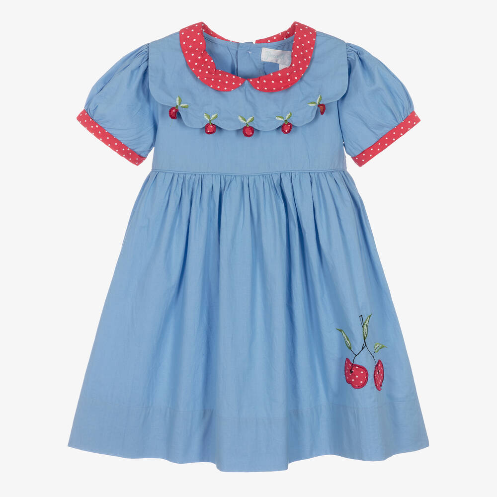 Powell Craft - Girls Blue Cherry Trim Dress | Childrensalon