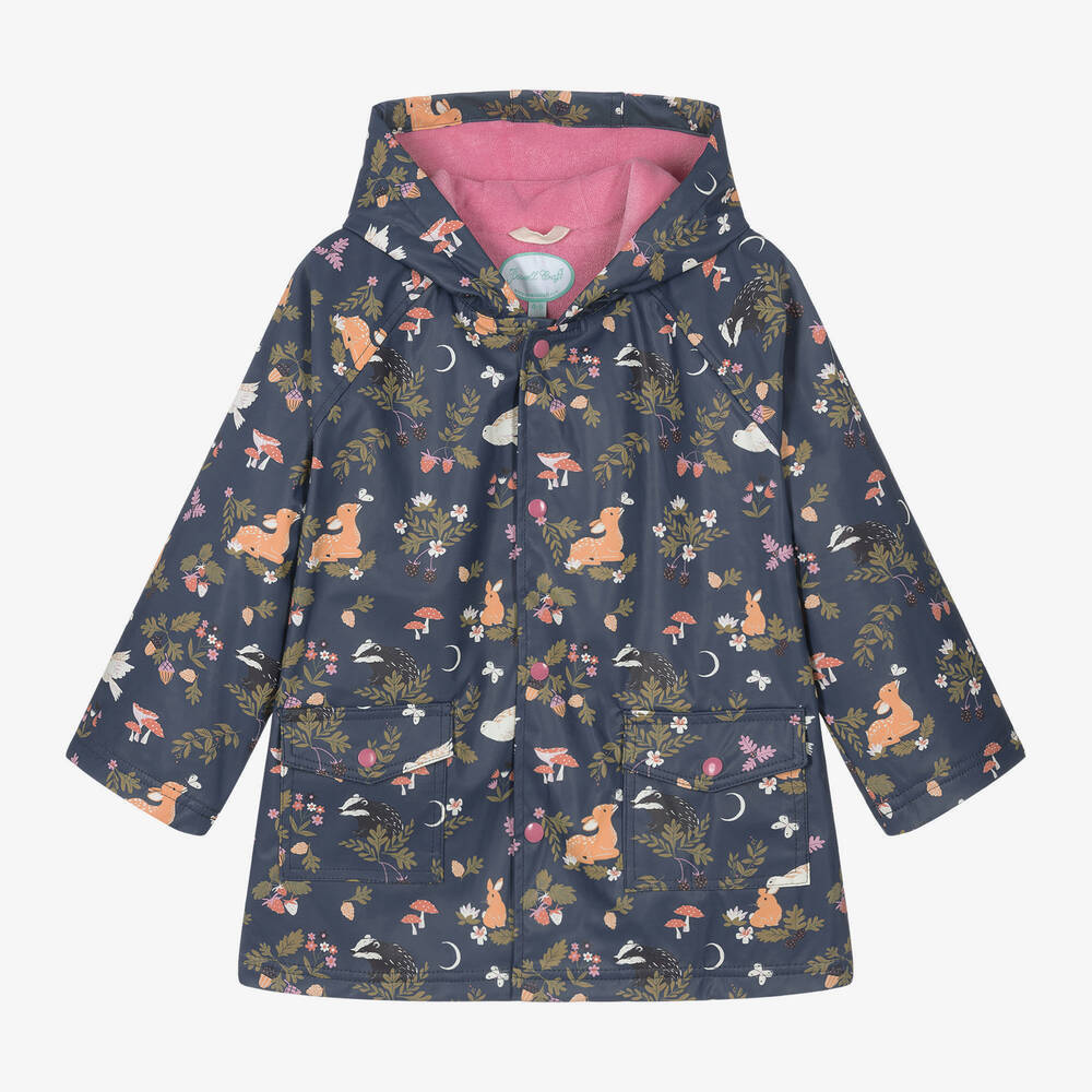 Powell Craft - Girls Blue Woodland Print Raincoat | Childrensalon
