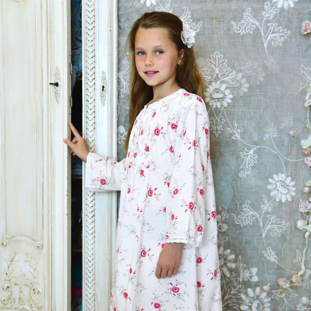 Powell Craft Girls Cotton Floral Nightdress Matching Doll Gift Set.White 