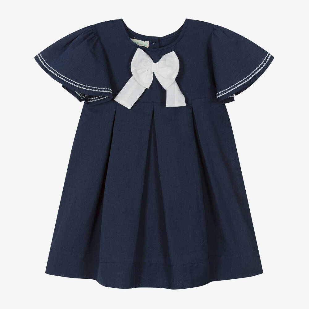 Powell Craft - Girls Navy Blue Linen & Cotton Dress | Childrensalon