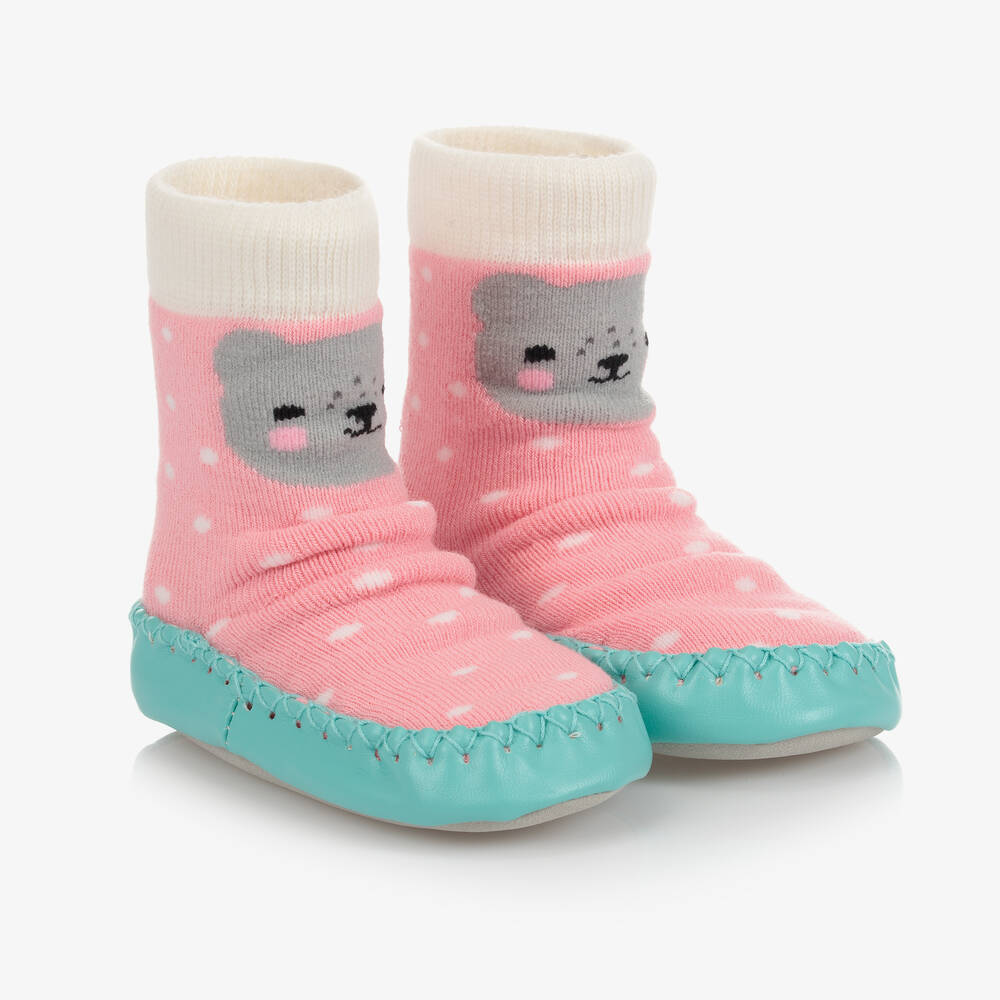 Powell Craft - Girls Pink Bear Slipper Socks | Childrensalon