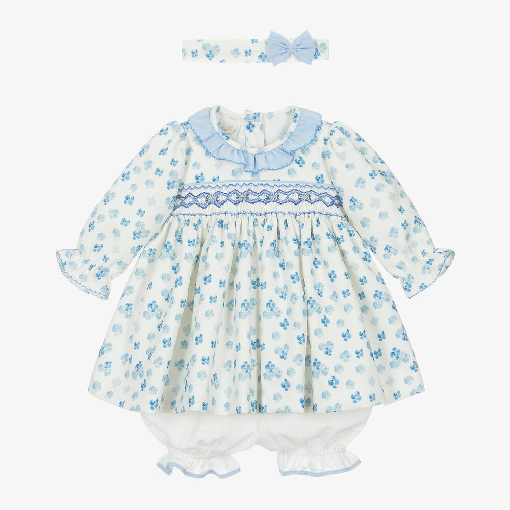 Pretty Originals - Baby Girls Ivory & Blue Smocked Dress Set | Childrensalon