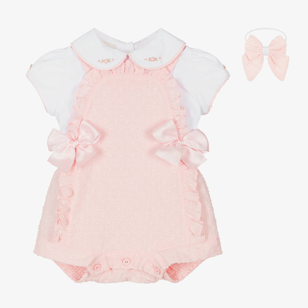 Pretty Originals - Baby Girls Pink Cotton Dungaree Shorts Set | Childrensalon