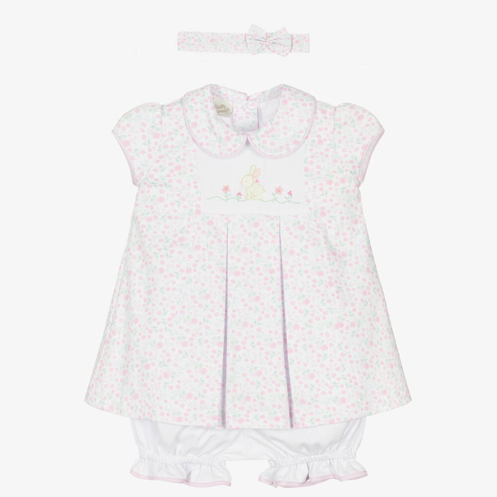 Pretty Originals - طقم فستان أطفال بناتي مزيج قطن لون أبيض وزهري | Childrensalon