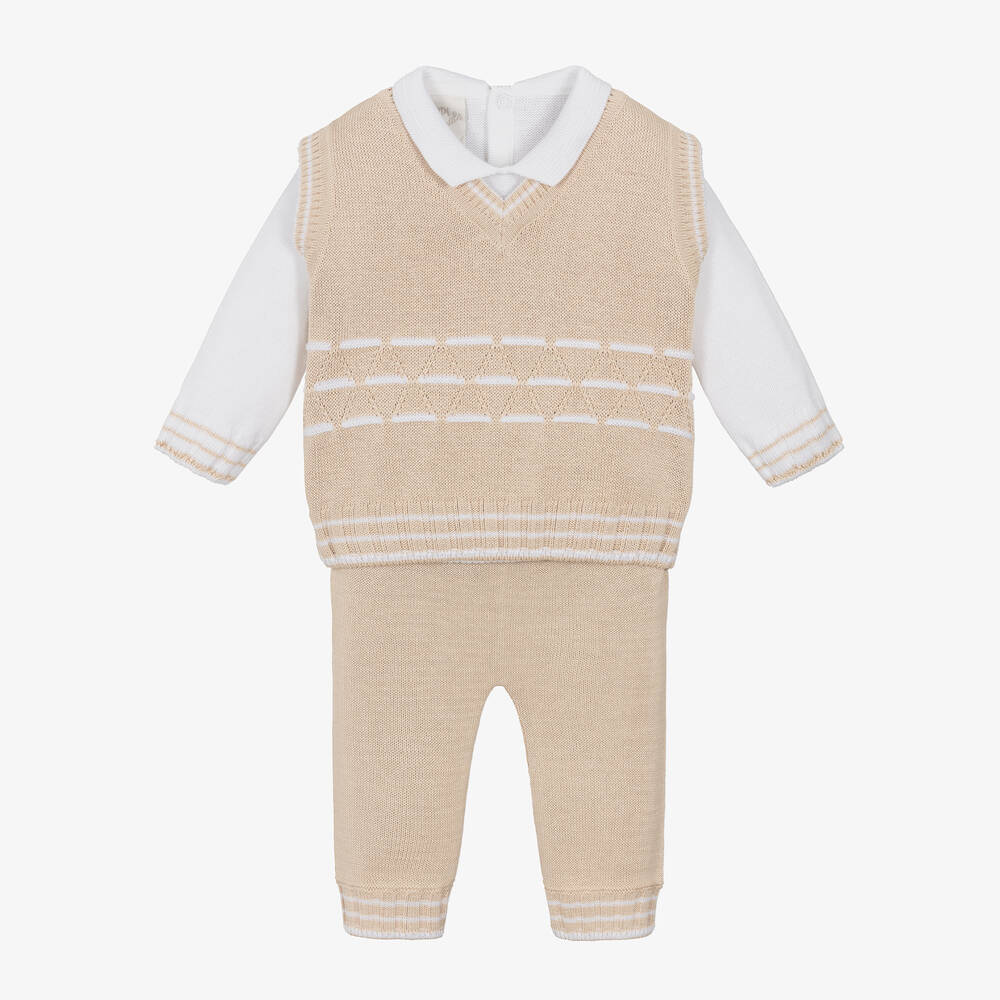 Pretty Originals - Boys Beige Knitted Cotton Trouser Set | Childrensalon