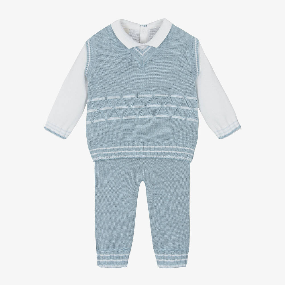 Pretty Originals - Boys Blue Knitted Cotton Trouser Set | Childrensalon