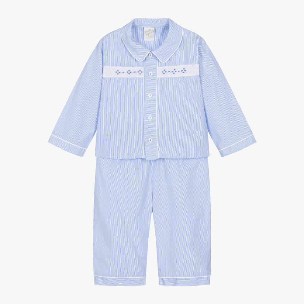 Pretty Originals - Boys Blue Stripe Hand-Smocked Pyjamas | Childrensalon