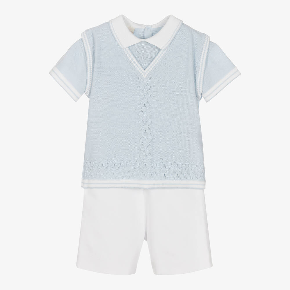 Pretty Originals Babies' Boys Blue & White Cotton Shorts Set