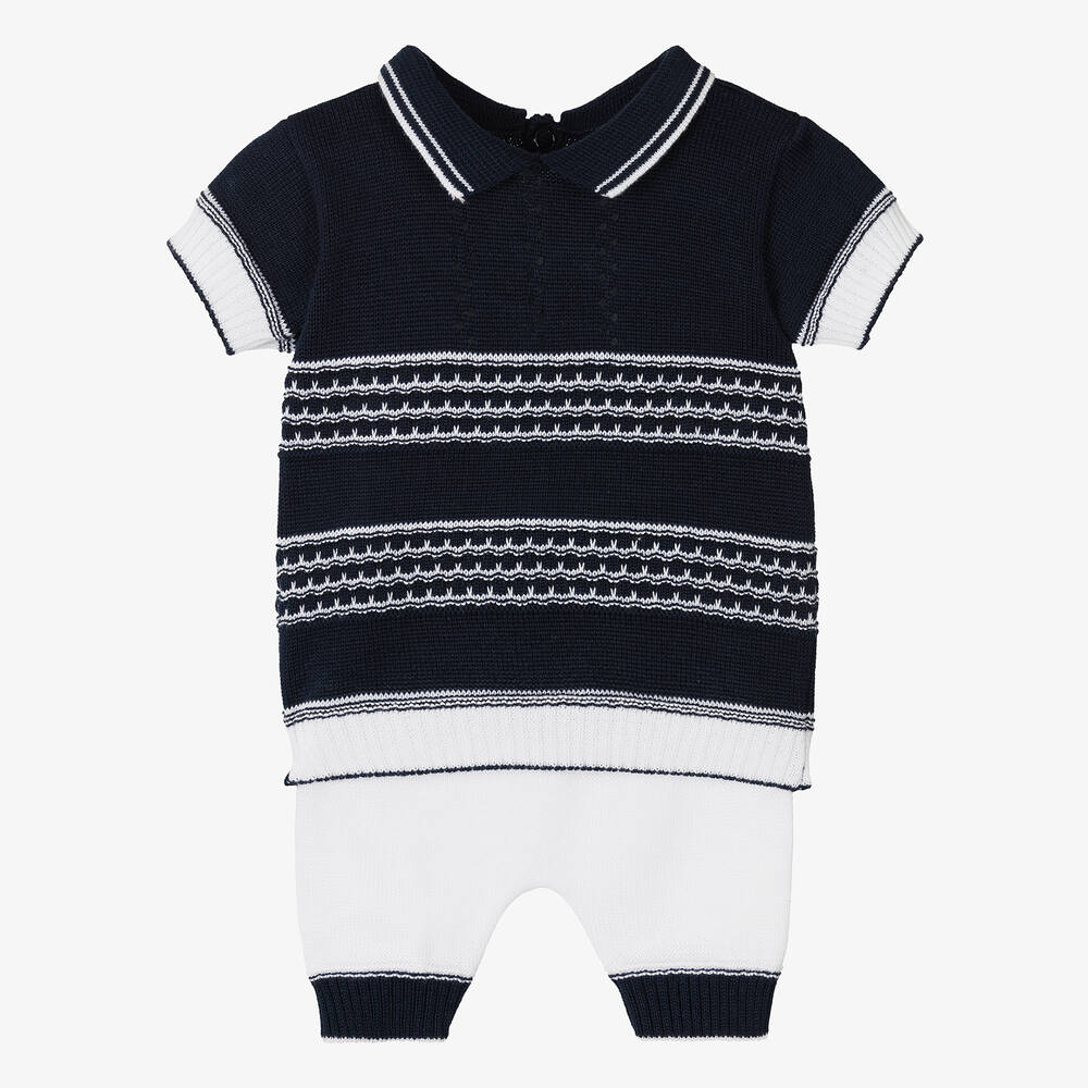 Pretty Originals - Boys Navy Blue & White Knit Trouser Set | Childrensalon