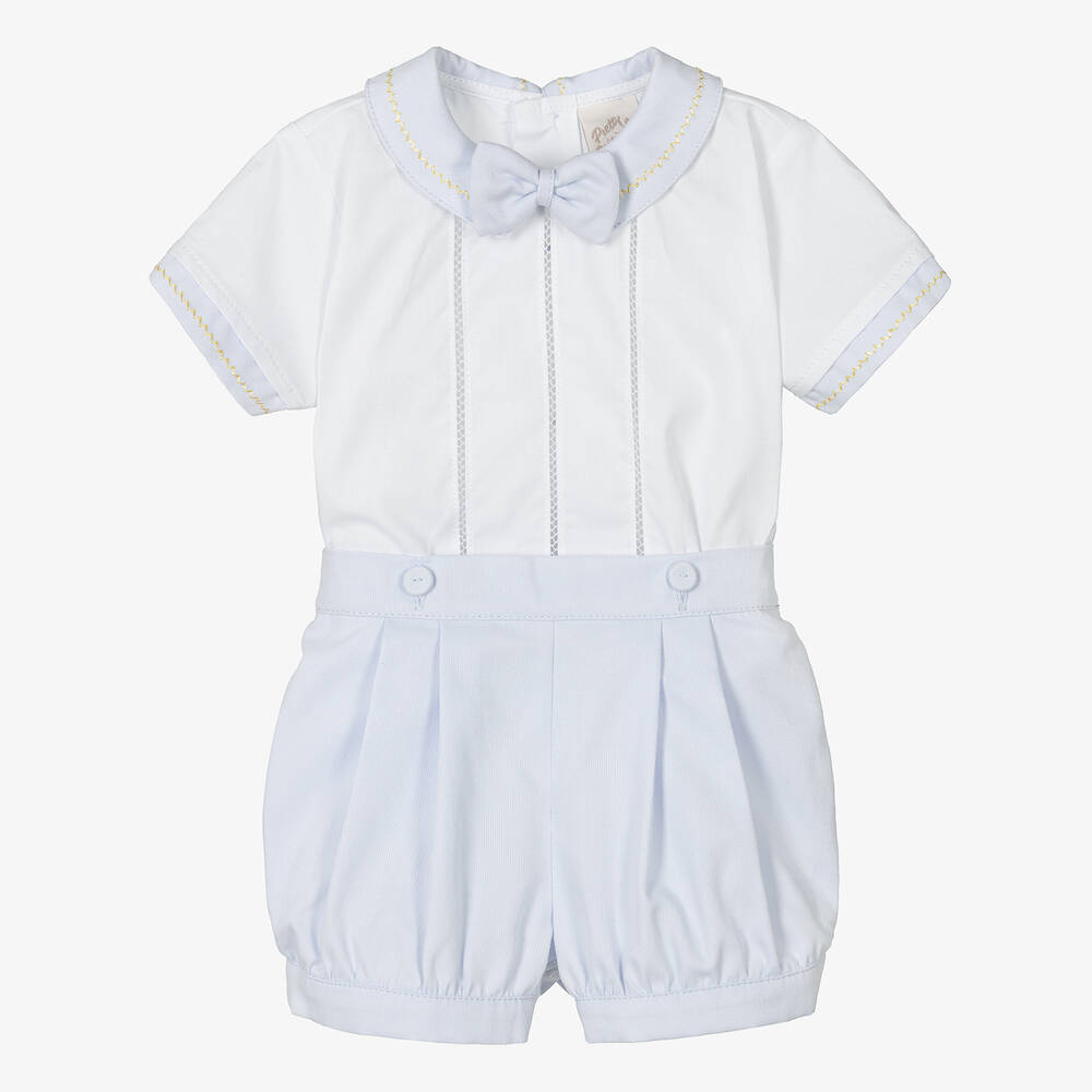 Pretty Originals Babies' Boys White & Blue Cotton Buster Suit Set
