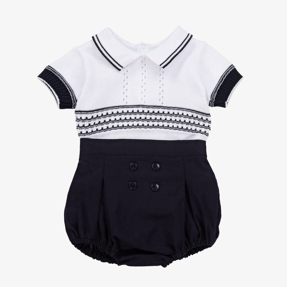 Pretty Originals - Boys White & Blue Cotton Knit Shorts Set | Childrensalon