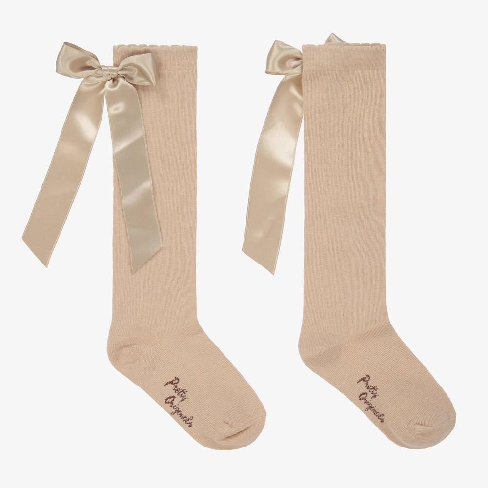 Pretty Originals - Girls Beige Cotton Bow Socks | Childrensalon