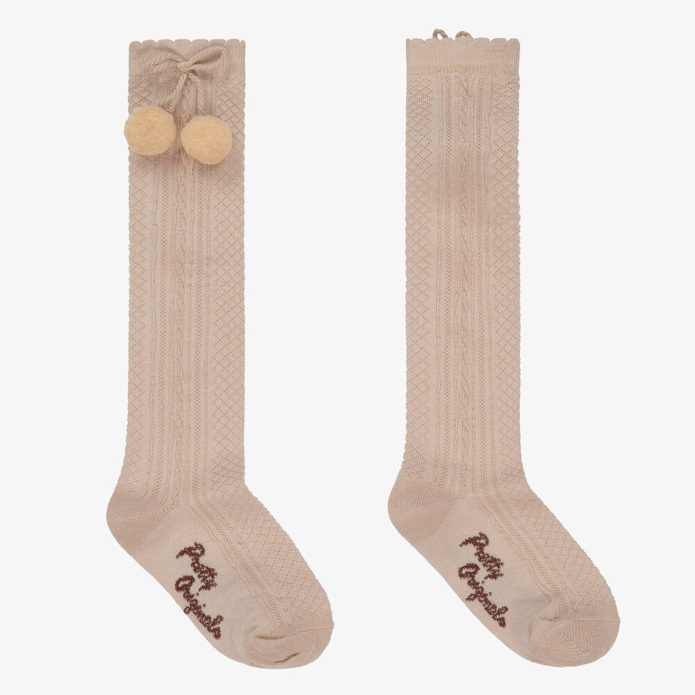 Pretty Originals - Girls Beige Pom-Pom Cotton Socks | Childrensalon
