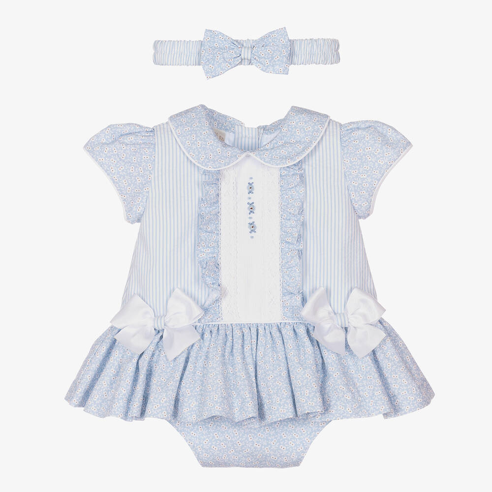 Pretty Originals Babies' Girls Blue Floral Cotton Dress Set