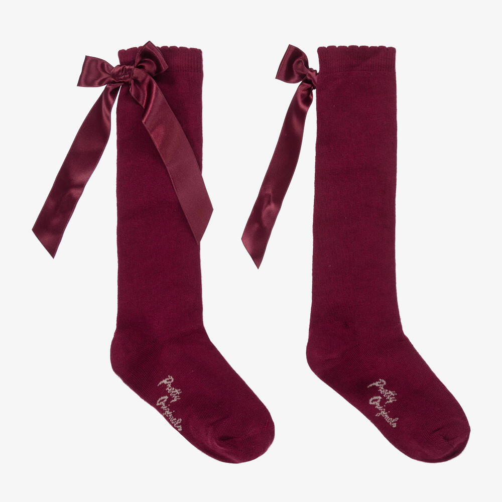 Pretty Originals - Girls Burgundy Red Cotton Bow Socks | Childrensalon