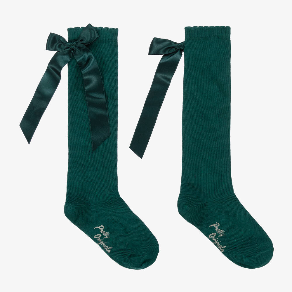 Pretty Originals - Girls Green Cotton Bow Socks | Childrensalon