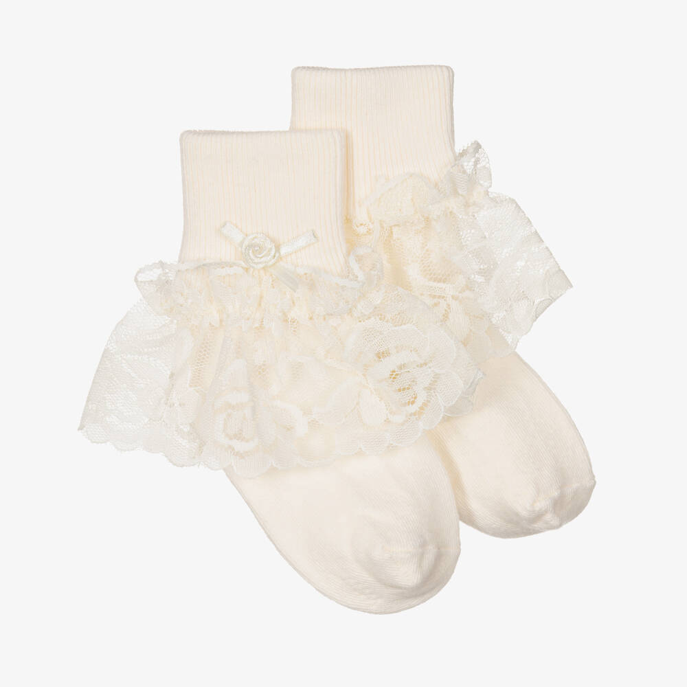 Pretty Originals - Girls Ivory Cotton & Lace Socks | Childrensalon