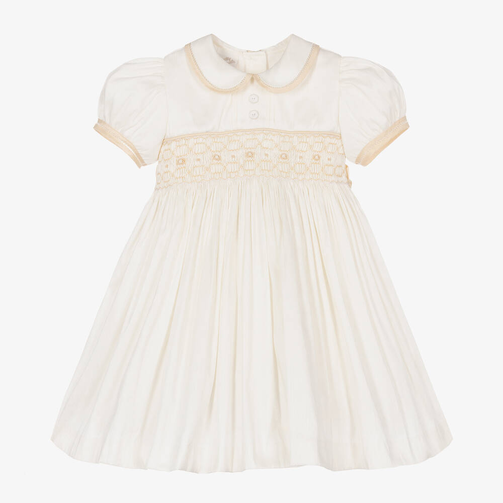 Pretty Originals Kids' Girls Ivory Smocked Dupion Dress In White