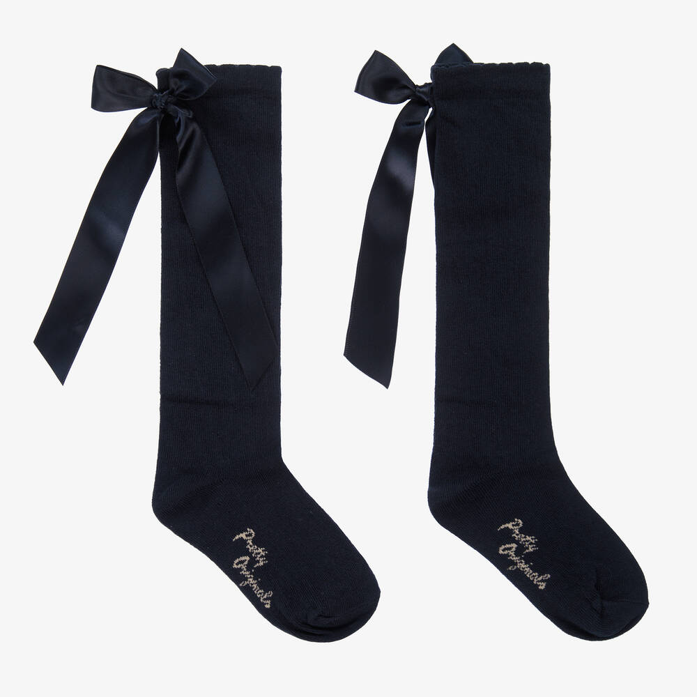 Pretty Originals - Girls Navy Blue Cotton Bow Socks | Childrensalon