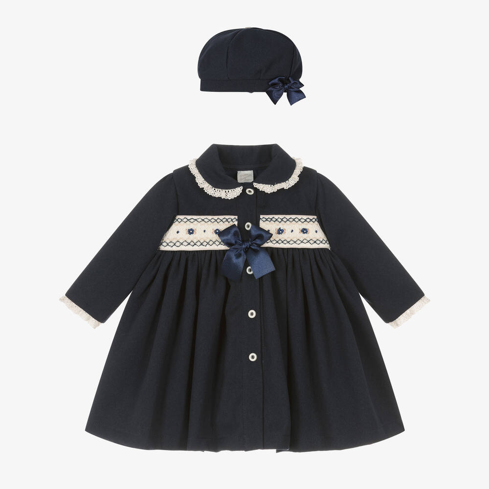 Pretty Originals - Girls Navy Blue Smocked Coat & Hat Set | Childrensalon