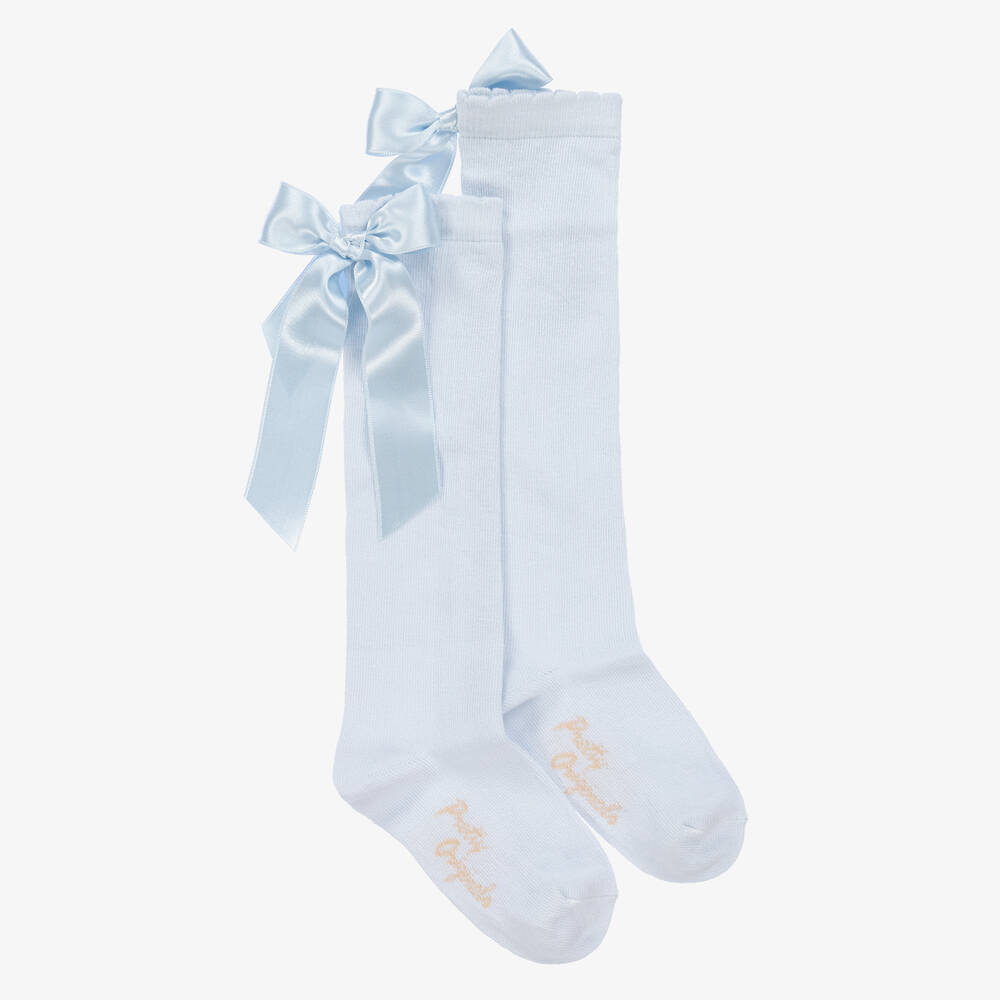 Pretty Originals - Girls Pale Blue Cotton Bow Socks | Childrensalon