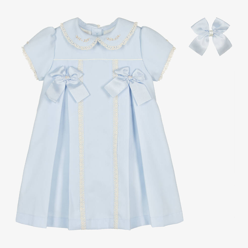 Pretty Originals - Girls Pale Blue Lace & Bow Dress Set | Childrensalon