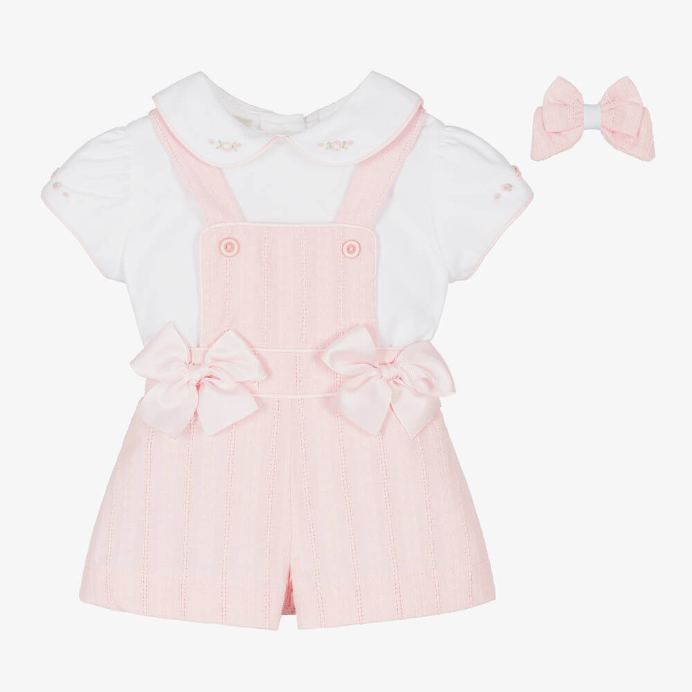 Pretty Originals - Girls Pink Cotton Dungaree Shorts Set | Childrensalon