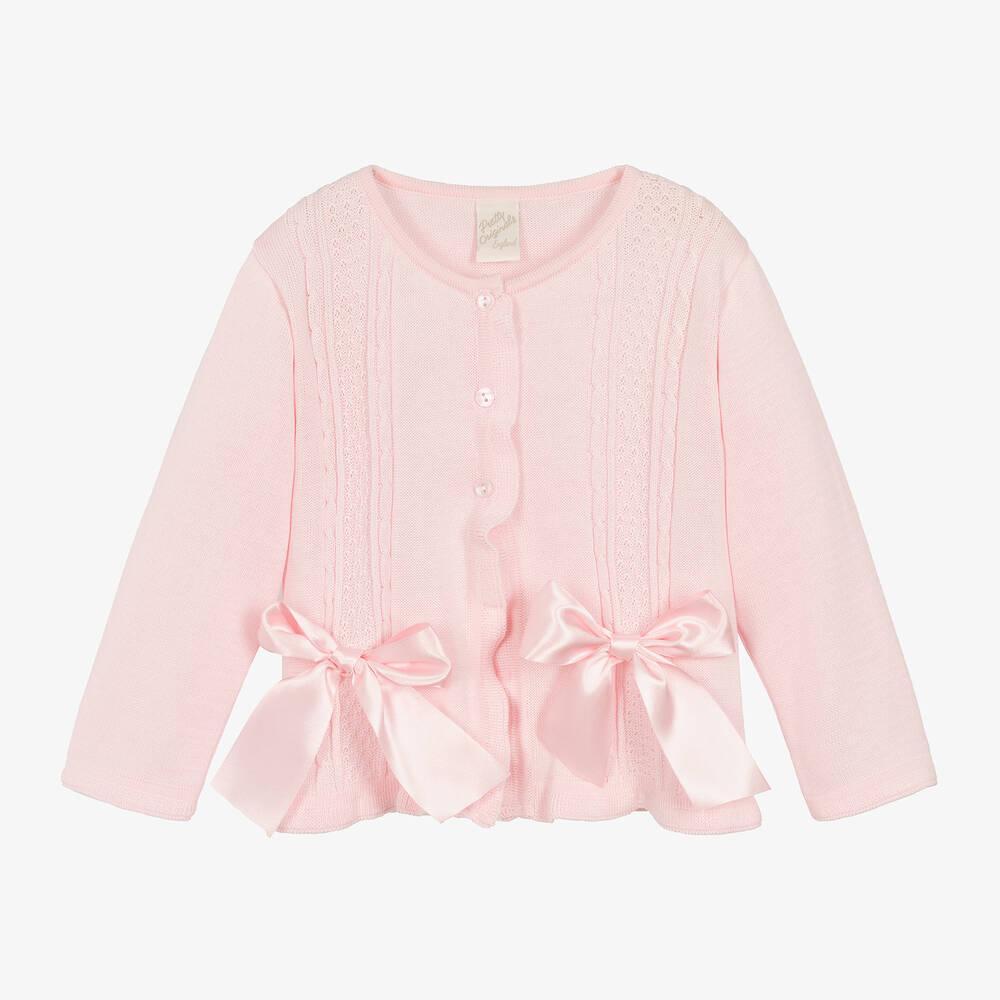 Pretty Originals - Girls Pink Cotton Knit Bow Cardigan | Childrensalon