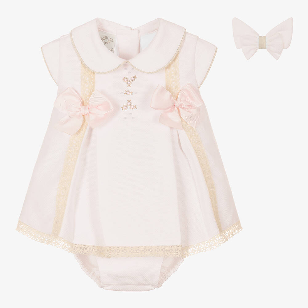 Pretty Originals Babies' Girls Pink Cotton Lace Dress Set