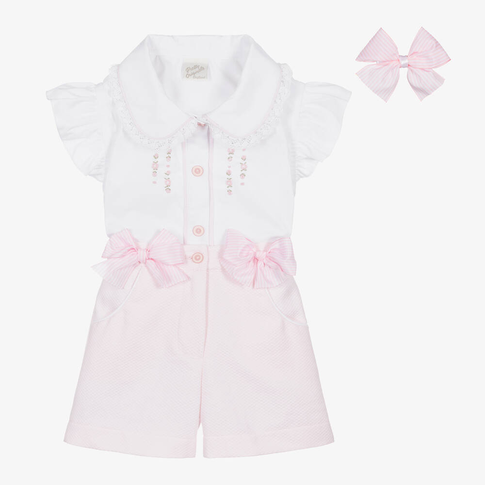 Pretty Originals - Girls Pink Embroidered Cotton Shorts Set | Childrensalon