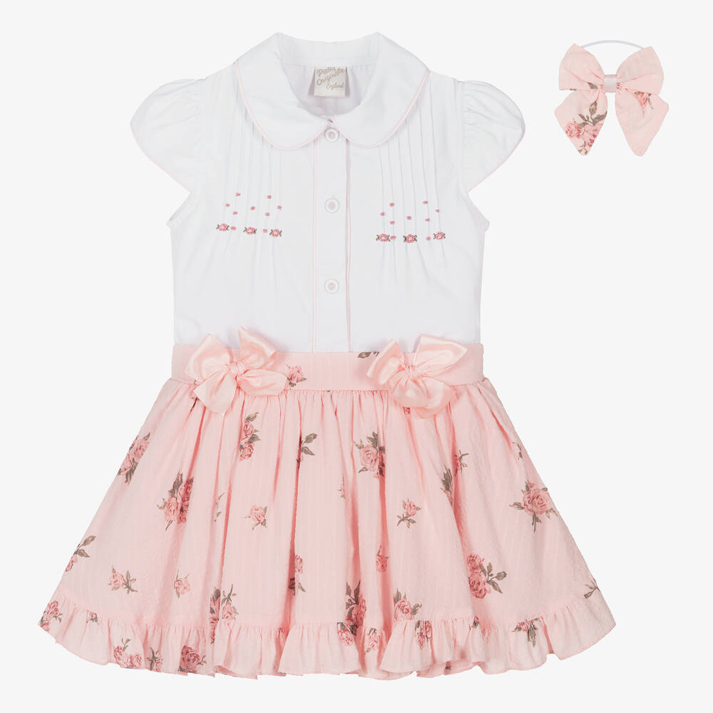 Pretty Originals - Girls Pink Floral Viscose Skirt Set | Childrensalon