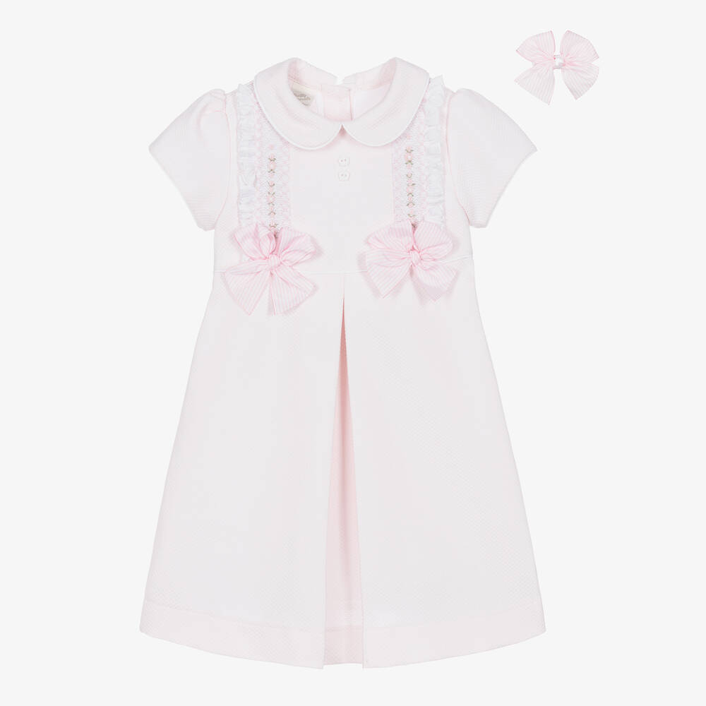 Pretty Originals Babies' Girls Pink Hand-smocked Cotton Dress Set