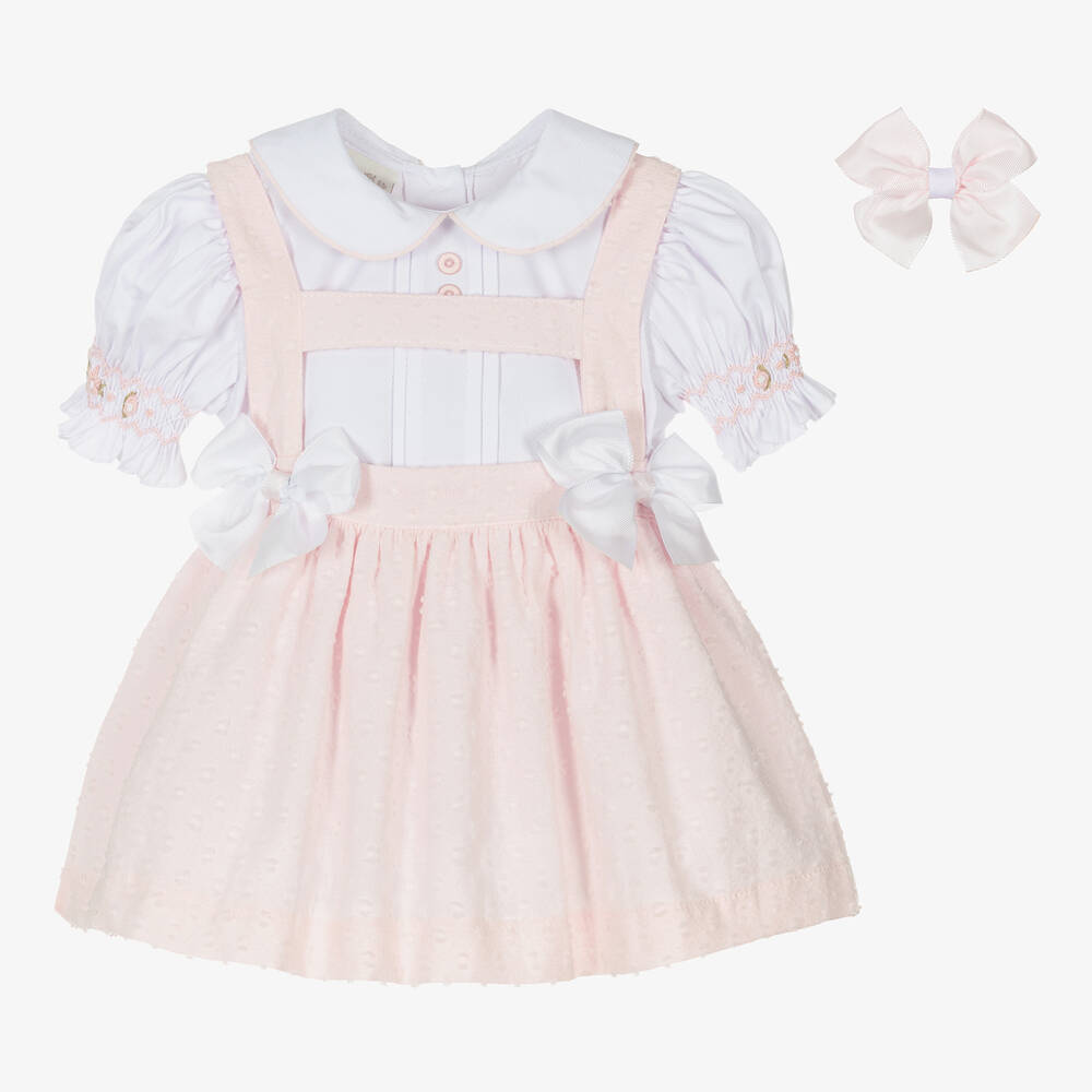 Pretty Originals Babies' Girls Pink Hand-smocked Plumetis Skirt Set