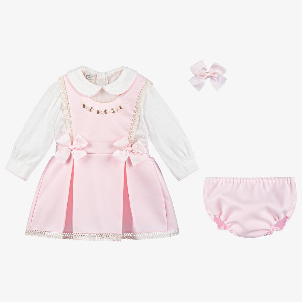 Pretty Originals - Girls Pink & Ivory Pinafore Dress Set | Childrensalon