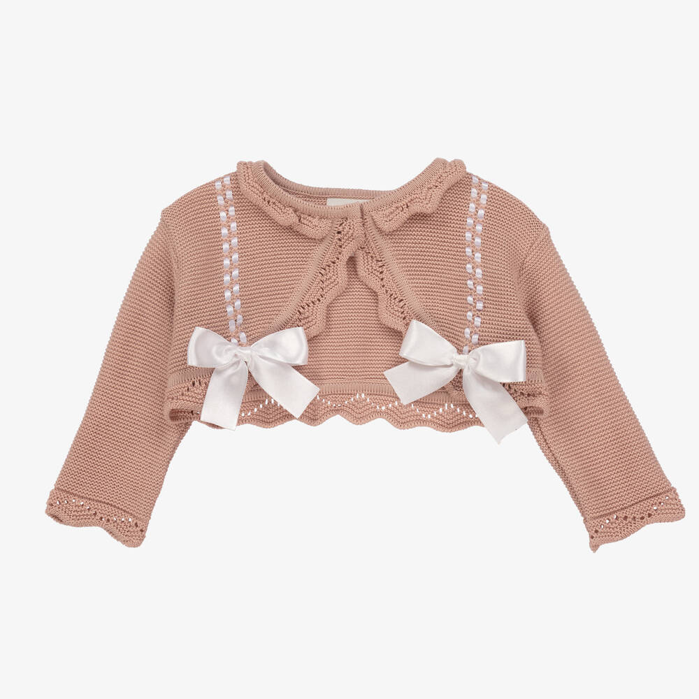 Pretty Originals - Girls Pink Knit & White Bow Cardigan | Childrensalon