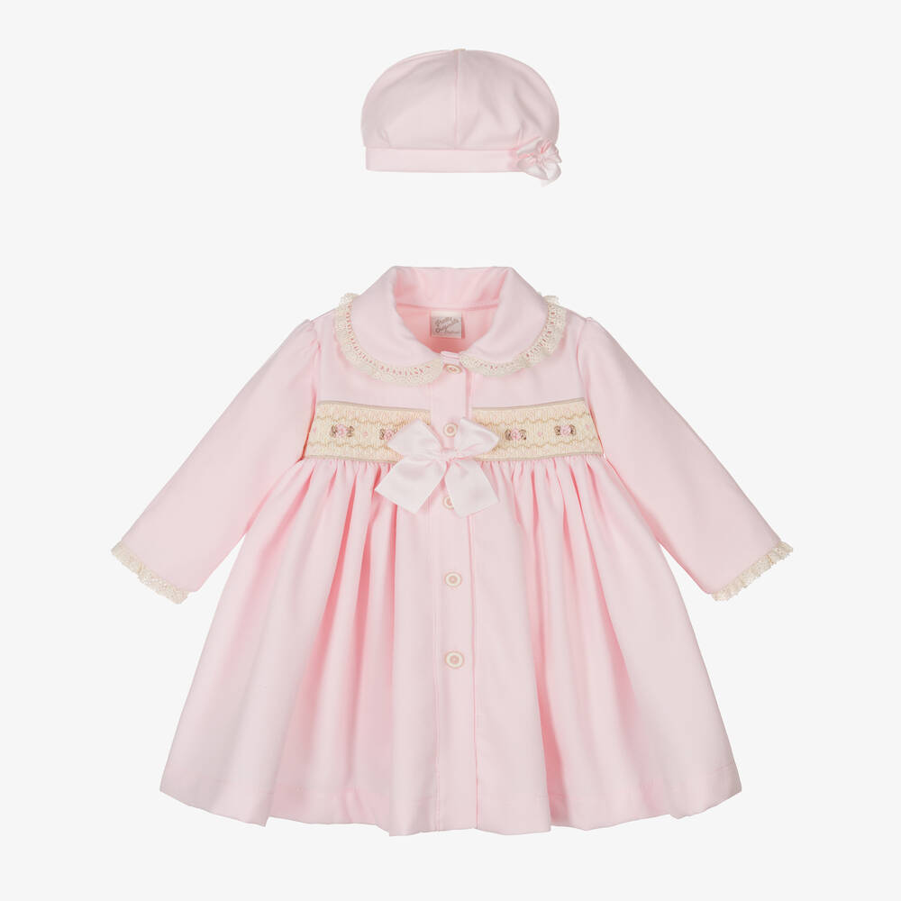 Pretty Originals - Girls Pink Smocked Coat & Hat Set | Childrensalon