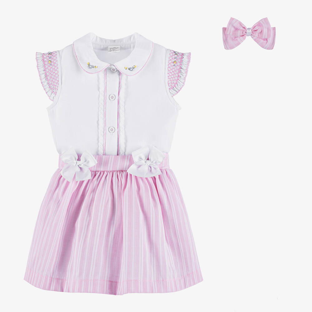 Pretty Originals - Girls Pink & White Cotton Skirt Set | Childrensalon