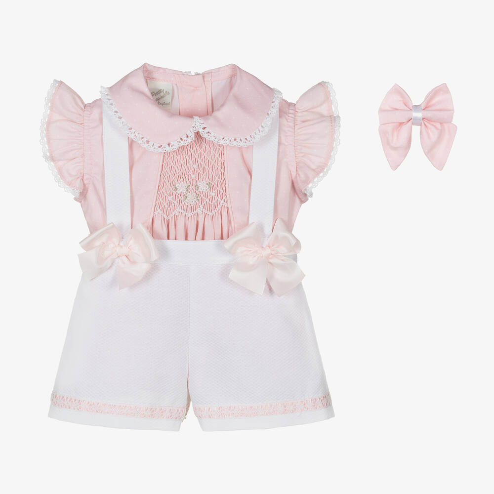 Pretty Originals - Girls Pink & White Hand-Smocked Shorts Set | Childrensalon