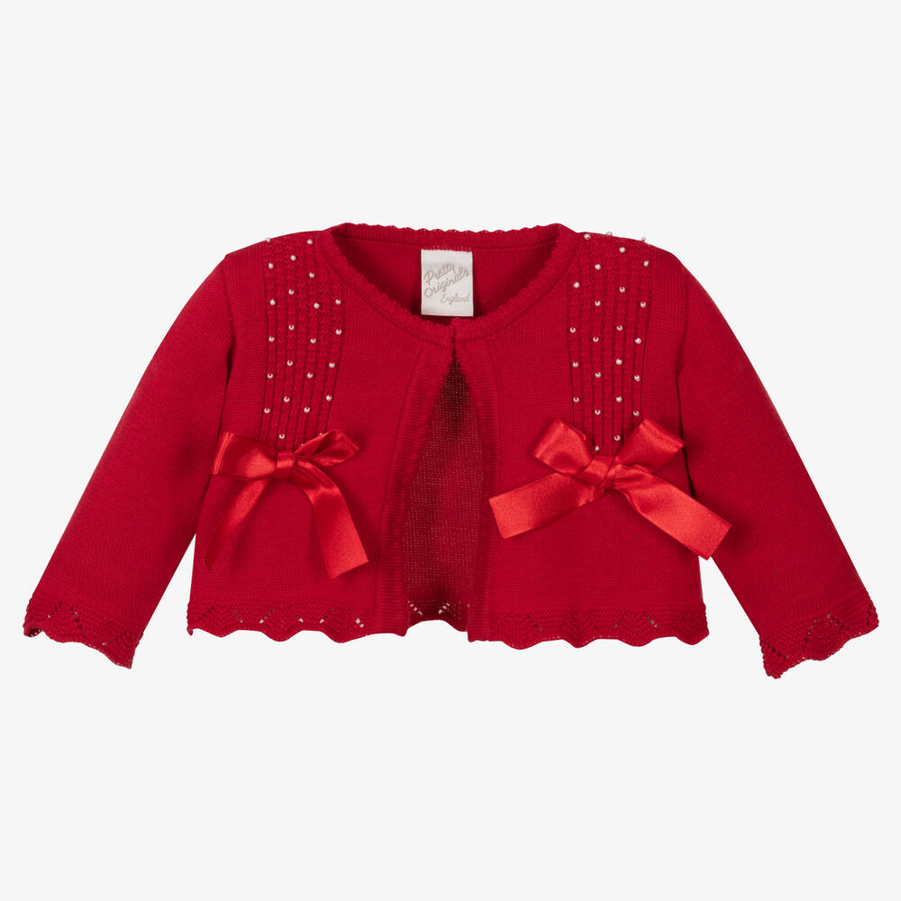 Pretty Originals - Girls Red Cotton Knit Cardigan | Childrensalon