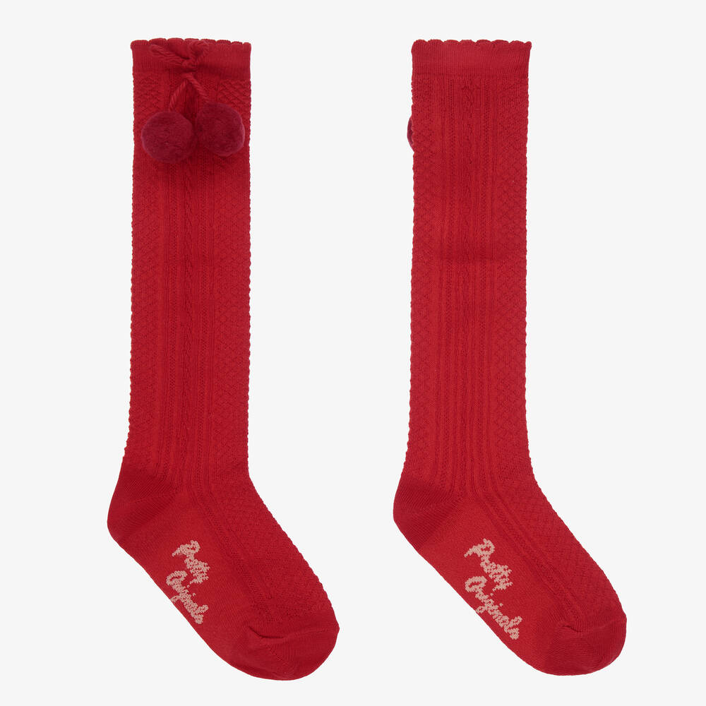 Pretty Originals - Girls Red Pom-Pom Cotton Socks | Childrensalon