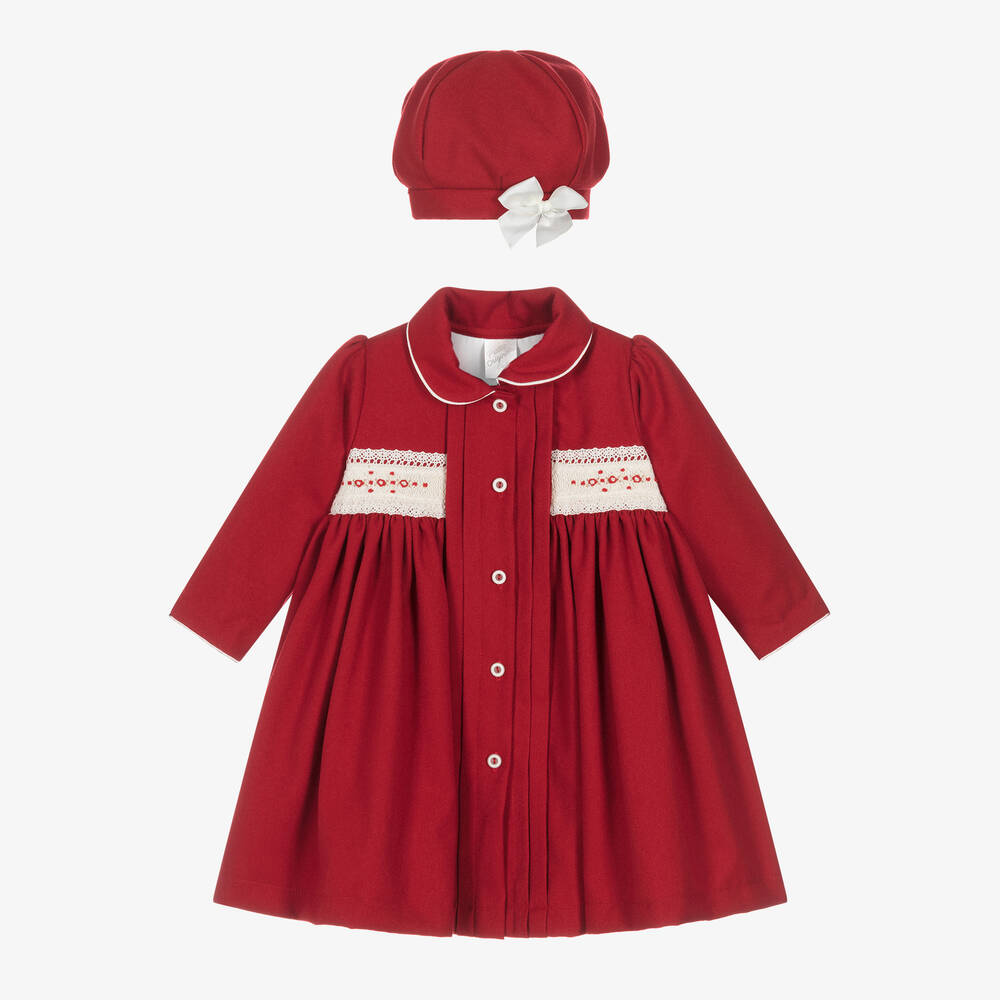 Pretty Originals - Girls Red Smocked Coat & Hat Set | Childrensalon