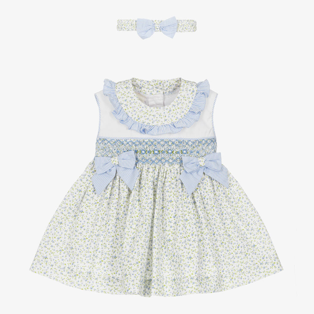 Pretty Originals - Girls White & Blue Cotton Smocked Dress Set | Childrensalon