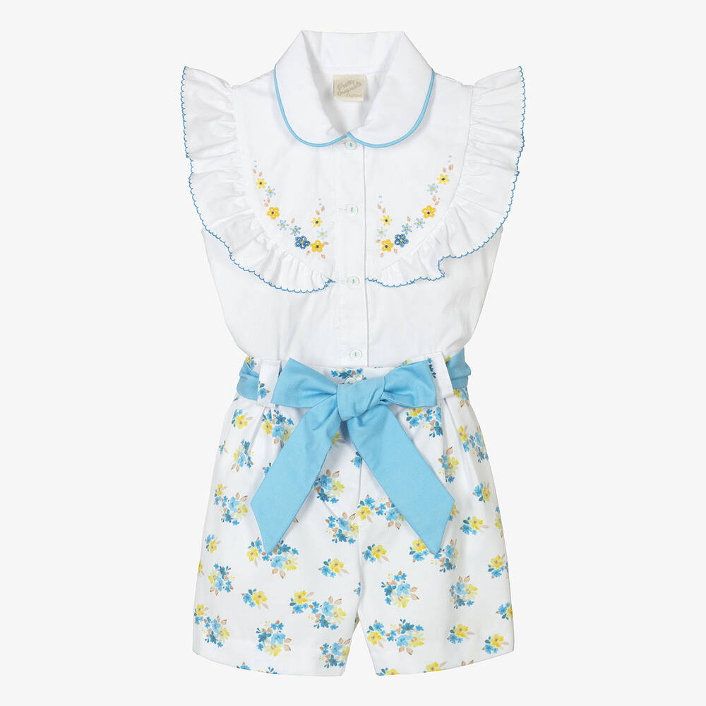 Pretty Originals - Girls White & Blue Floral Buster Suit | Childrensalon